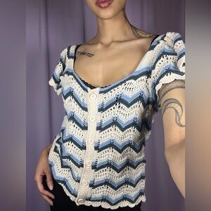 Broadway 38 Crochet Zigzag Striped Blouse Size M Boho Button Down Sweater Top